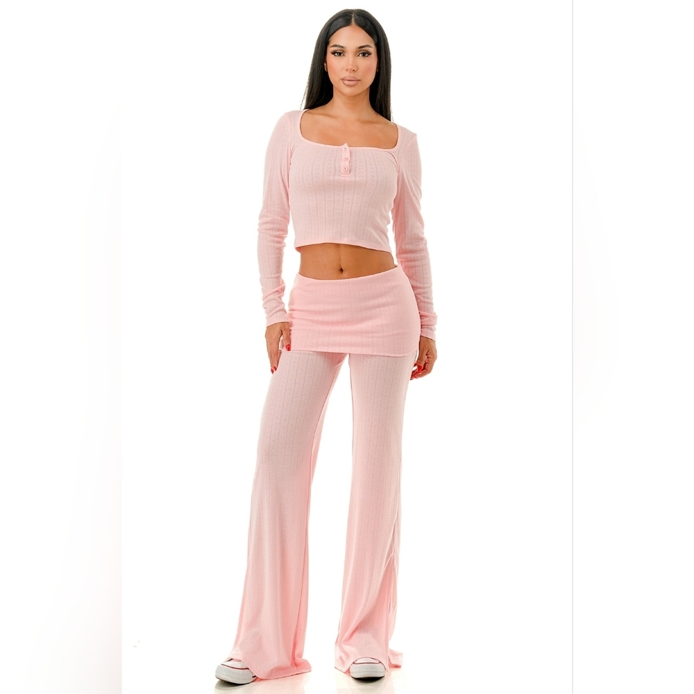 Baby Pink Y2K Pointelle Knit Button Front Crop Top and  SkirtPants Coord Set